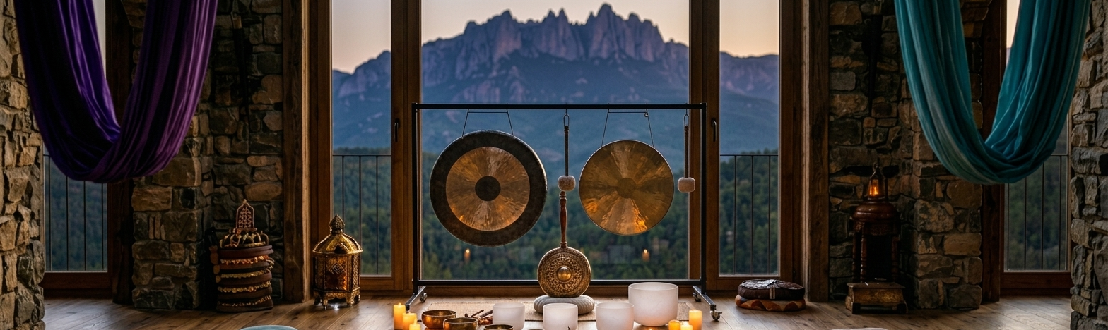 Sala de práctica vibracional con gongs, cuencos y Montserrat al fondo