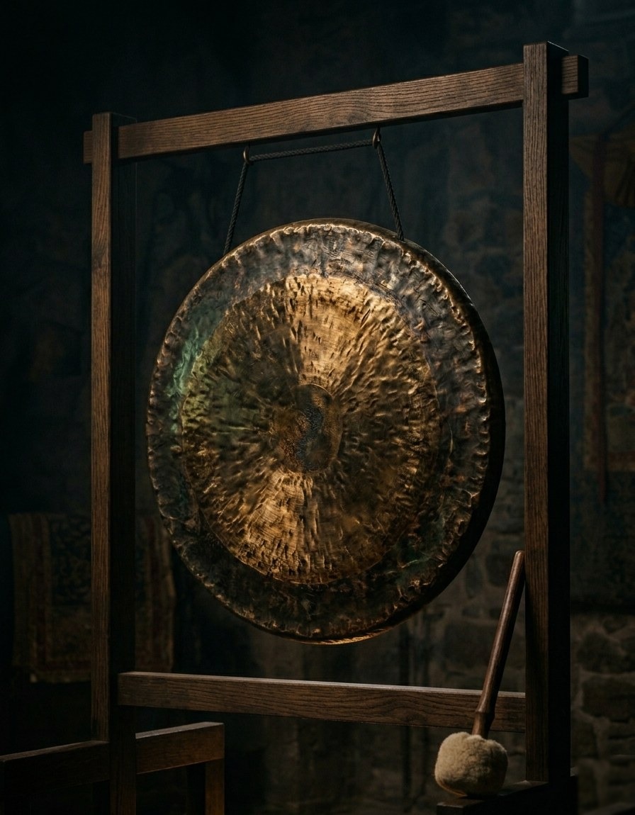 Montse tocando el gong