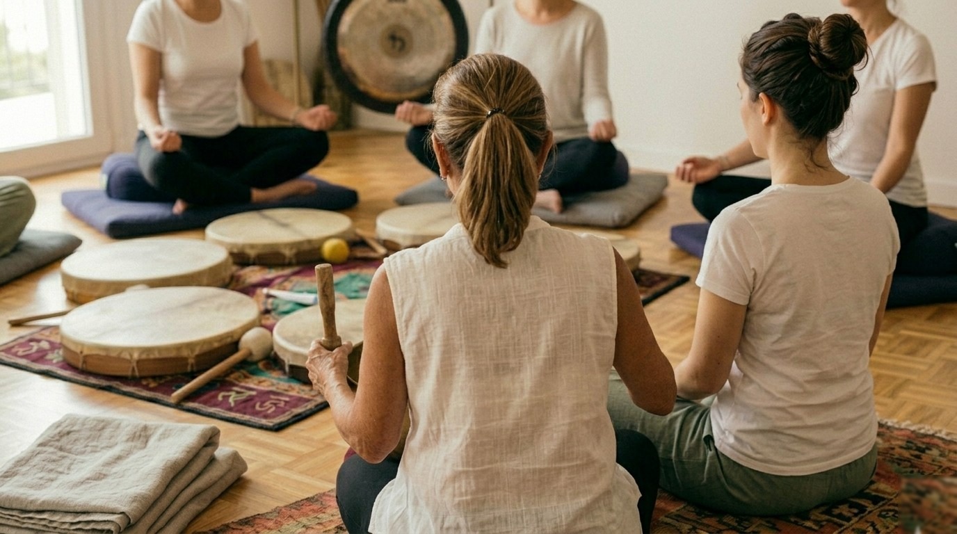 Manos aprendiendo a tocar cuenco tibetano con baqueta, guiadas por instructora